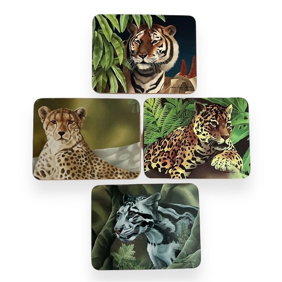 National Wildlife Federation Coasters Set of 4 Tiger Leopard Hardboard Cork 1993 - Picture 1 of 11